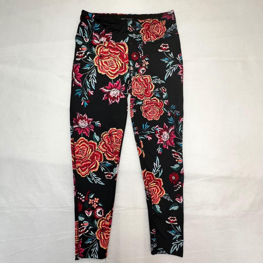 Love Life Live Womens Floral Rose Print High‎ Waisted Leggings Black Red Medium
